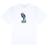 Zizou Tee, front: white heavyweight cotton tee with a small chest print of the headbutt graphic above a blue and yellow T.K.D. box