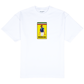 MALDINI TEE, front: white heavyweight cotton tee with a yellow badge print of Paolo Maldini in Italy kit