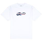 NAKATA TEE, front: white heavyweight cotton tee with a chest logo print in red, white and blue with a dragon and Japanese lettering