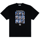 FOOTBALL TRIMS TEE, front: black heavyweight cotton tee with a nine-panel grid of footballer haircuts under a Football Trims script logo