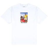 Leash Tee, front: white heavyweight cotton tee printed with a photo of a man holding a bat and leading a Rottweiler draped in a Turkish flag, THE KIT DEALER wordmark below
