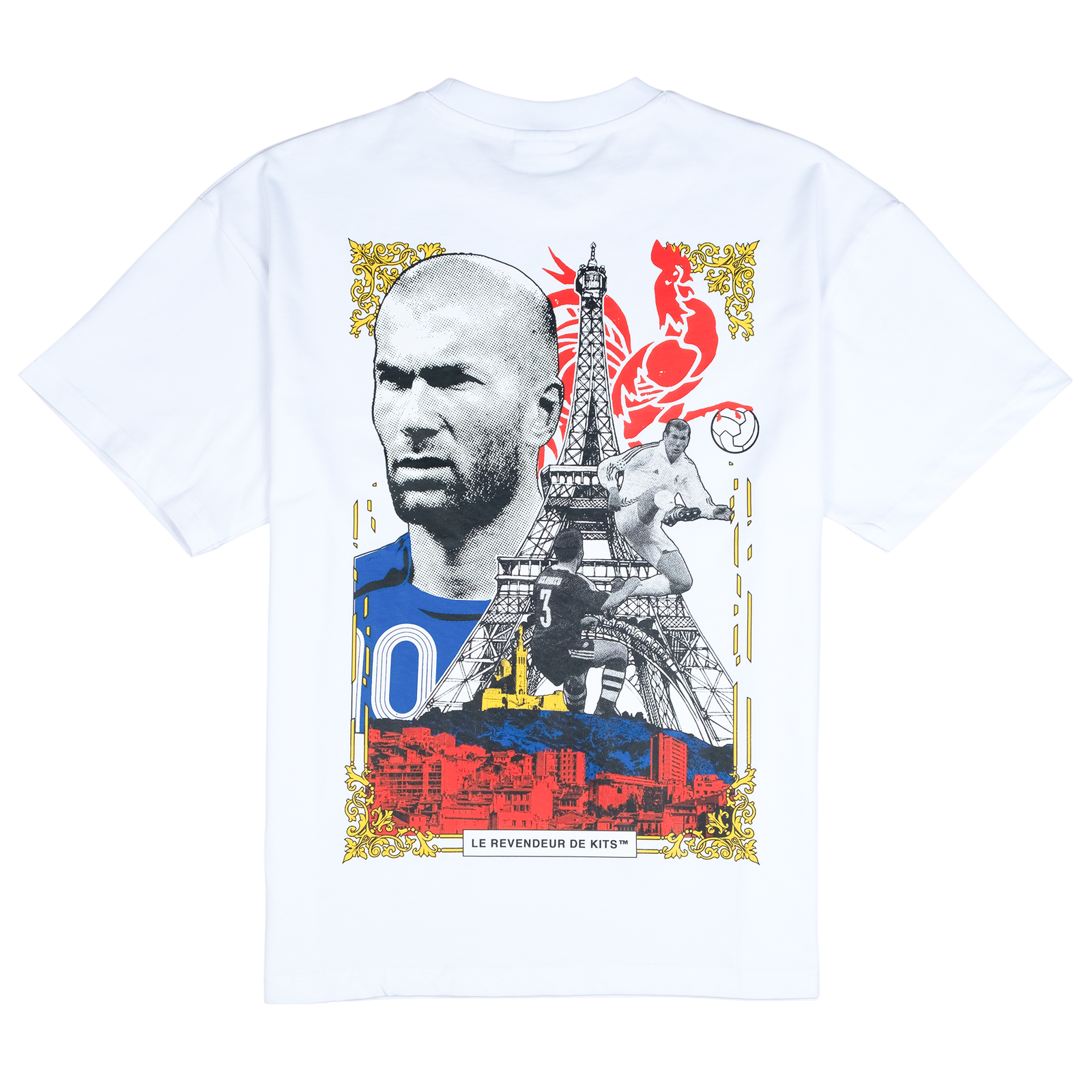 Zizou Tee, back: white tee with a large collage print of Zinedine Zidane, the Eiffel Tower and a red rooster inside a gold frame