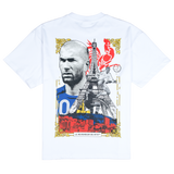 Zizou Tee, back: white tee with a large collage print of Zinedine Zidane, the Eiffel Tower and a red rooster inside a gold frame