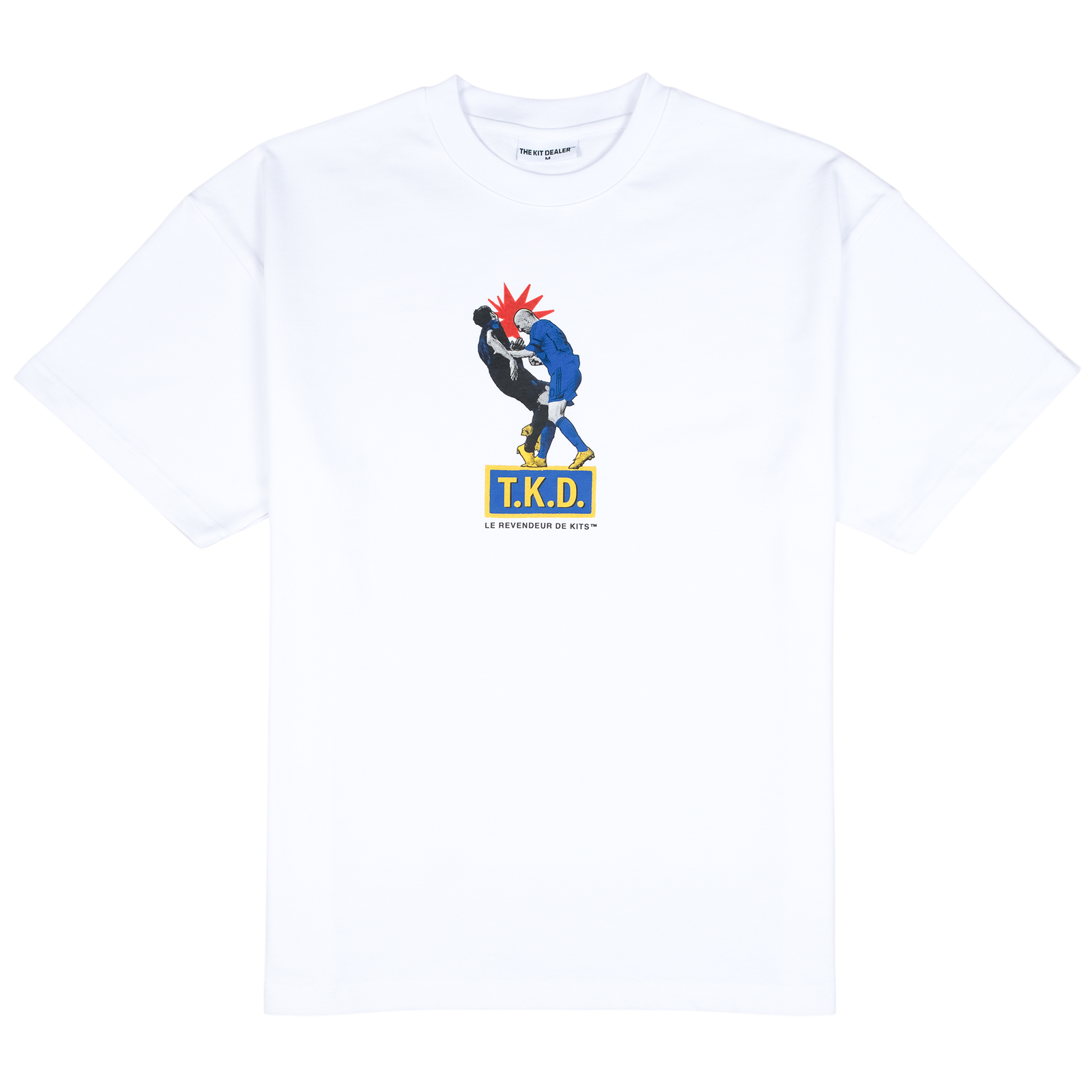 Zizou Tee, front: white heavyweight cotton tee with a small chest print of the headbutt graphic above a blue and yellow T.K.D. box