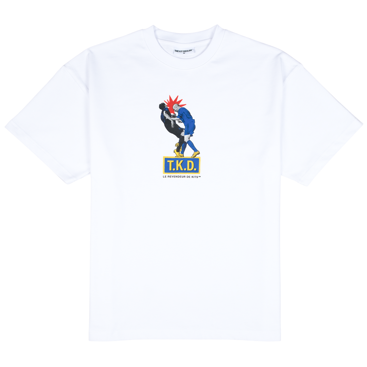 Zizou Tee, front: white heavyweight cotton tee with a small chest print of the headbutt graphic above a blue and yellow T.K.D. box