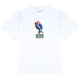 Zizou Tee, front: white heavyweight cotton tee with a small chest print of the headbutt graphic above a blue and yellow T.K.D. box