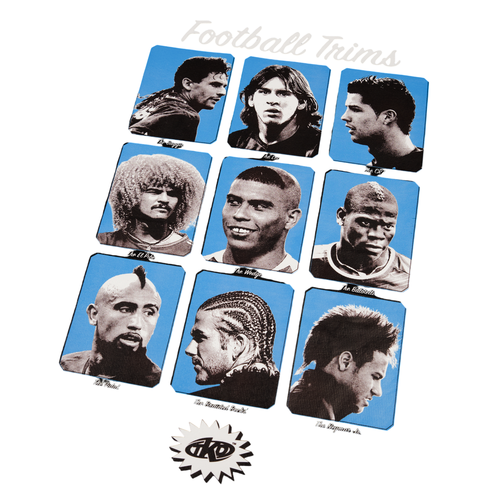 FOOTBALL TRIMS TEE front graphic on its own: nine blue portrait panels of footballer haircuts under the Football Trims script