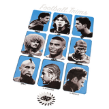FOOTBALL TRIMS TEE front graphic on its own: nine blue portrait panels of footballer haircuts under the Football Trims script