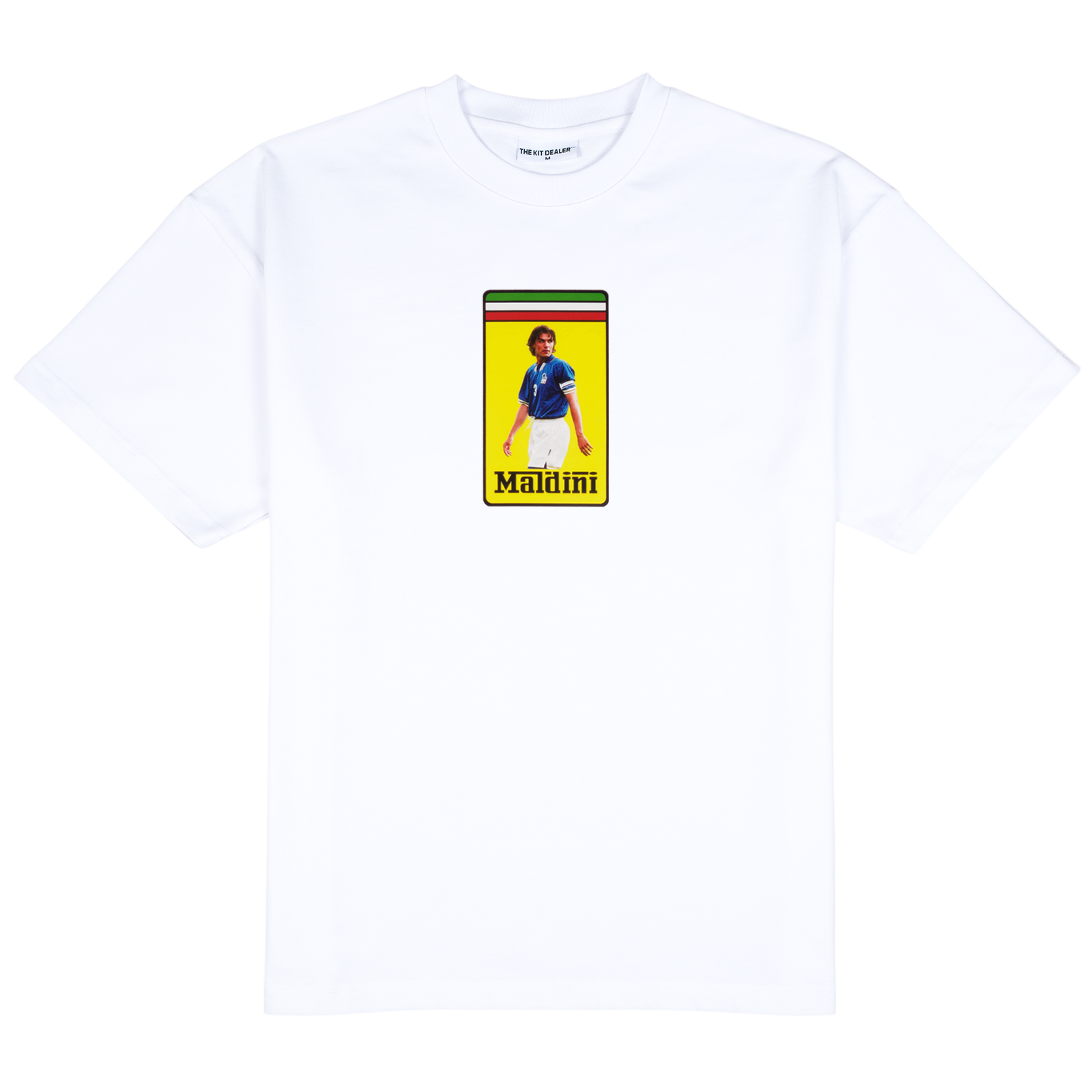 MALDINI TEE, front: white heavyweight cotton tee with a yellow badge print of Paolo Maldini in Italy kit