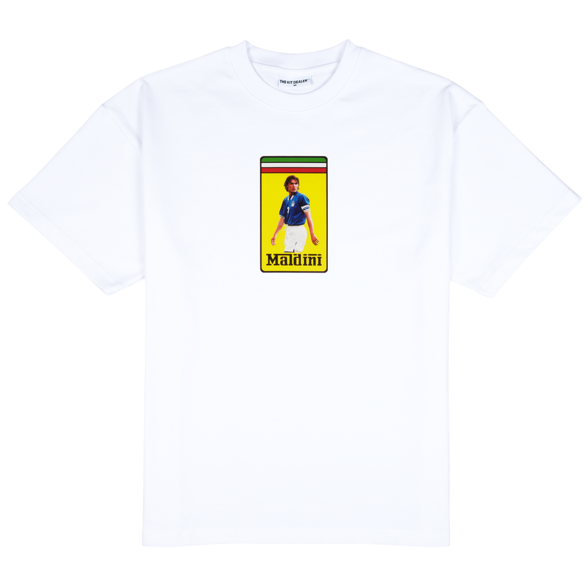 MALDINI TEE, front: white heavyweight cotton tee with a yellow badge print of Paolo Maldini in Italy kit