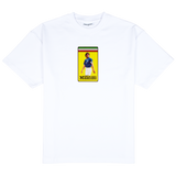 MALDINI TEE, front: white heavyweight cotton tee with a yellow badge print of Paolo Maldini in Italy kit