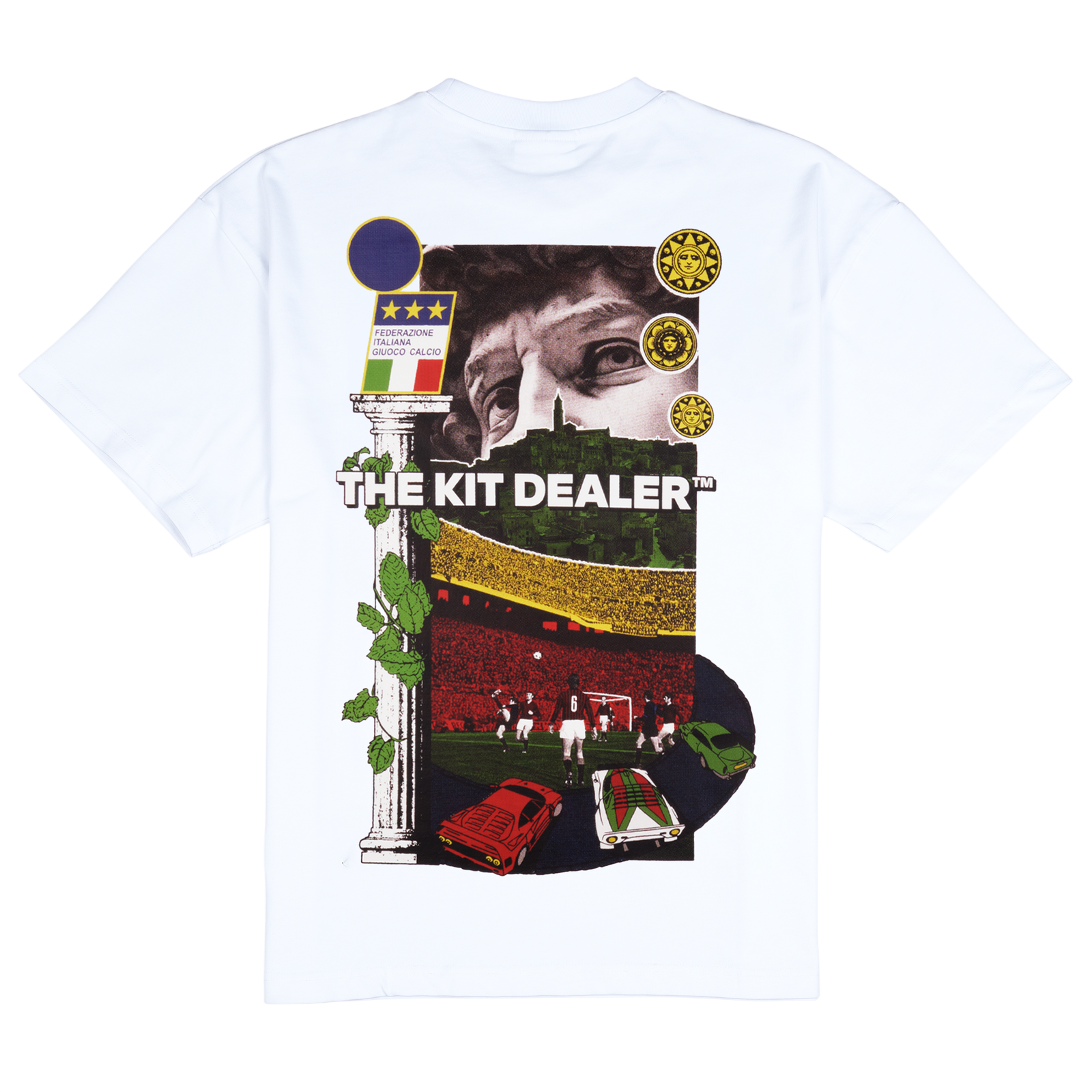 MALDINI TEE, back: white tee with a large collage print of Italian football imagery under THE KIT DEALER wordmark