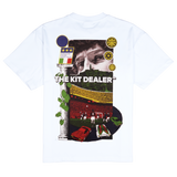 MALDINI TEE, back: white tee with a large collage print of Italian football imagery under THE KIT DEALER wordmark