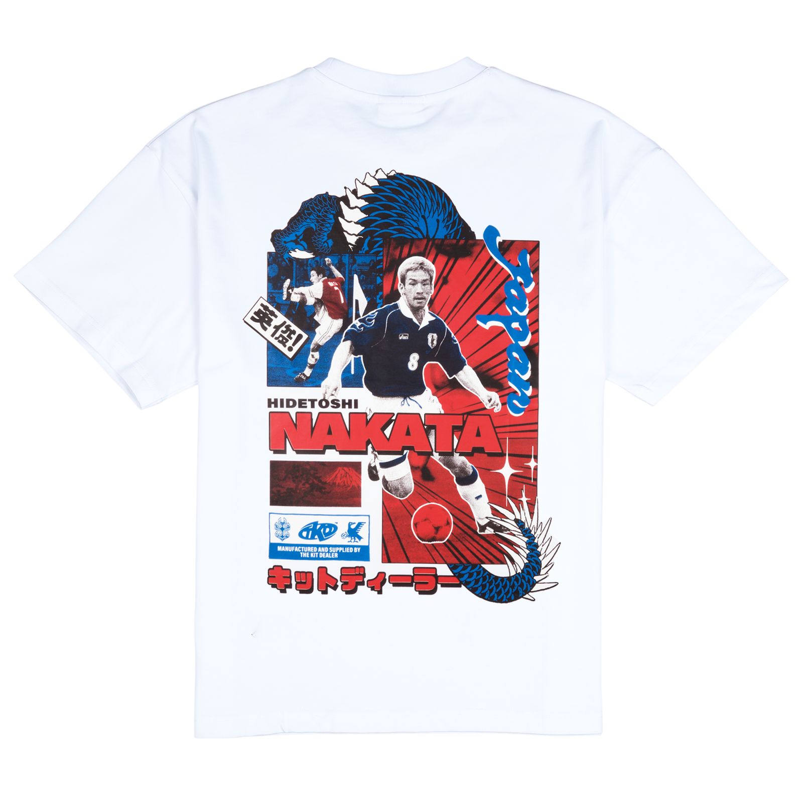 NAKATA TEE, back: white tee with a large red and blue print of Hidetoshi Nakata in Japan kit, framed by a dragon and Japanese lettering