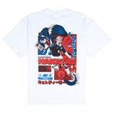 NAKATA TEE, back: white tee with a large red and blue print of Hidetoshi Nakata in Japan kit, framed by a dragon and Japanese lettering