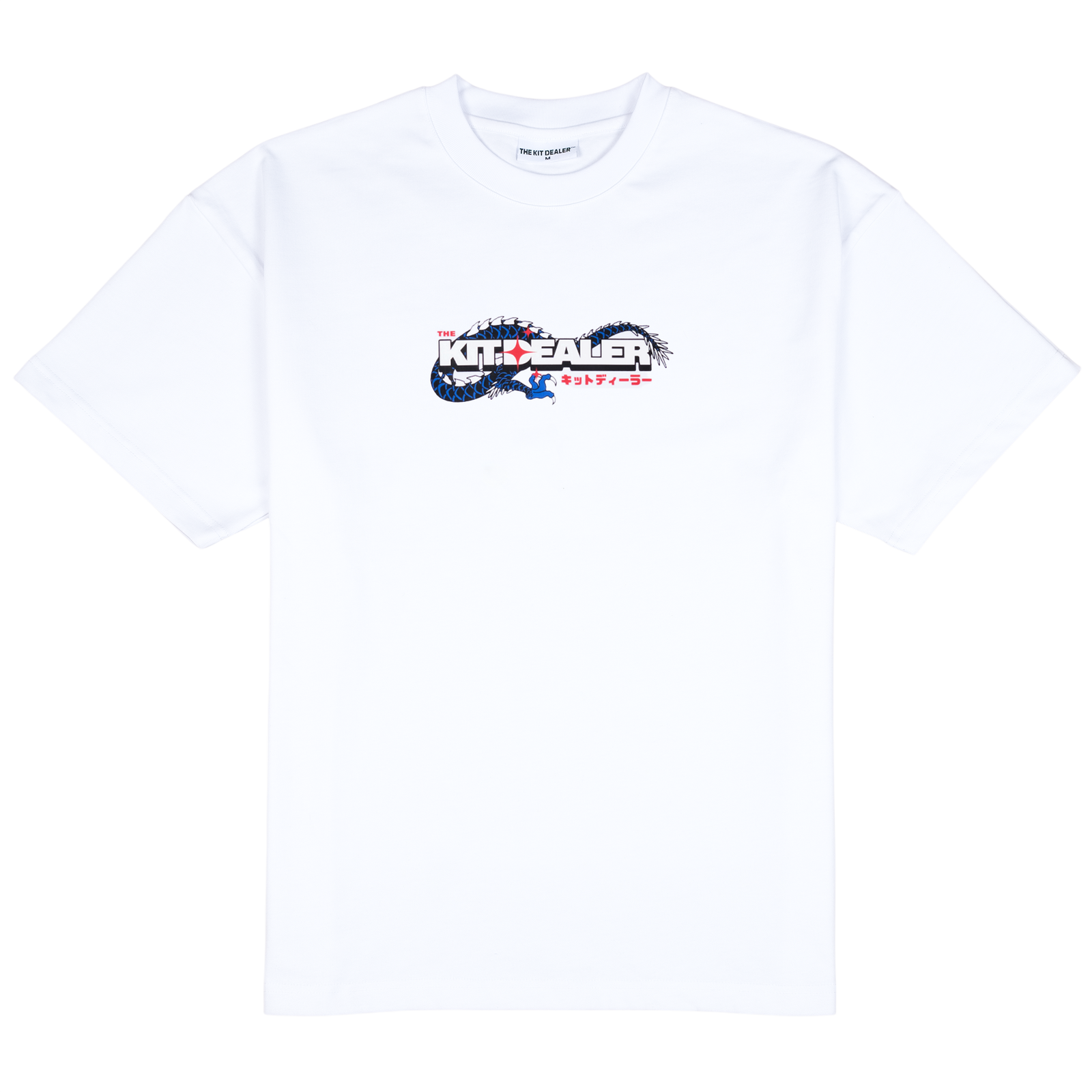NAKATA TEE, front: white heavyweight cotton tee with a chest logo print in red, white and blue with a dragon and Japanese lettering
