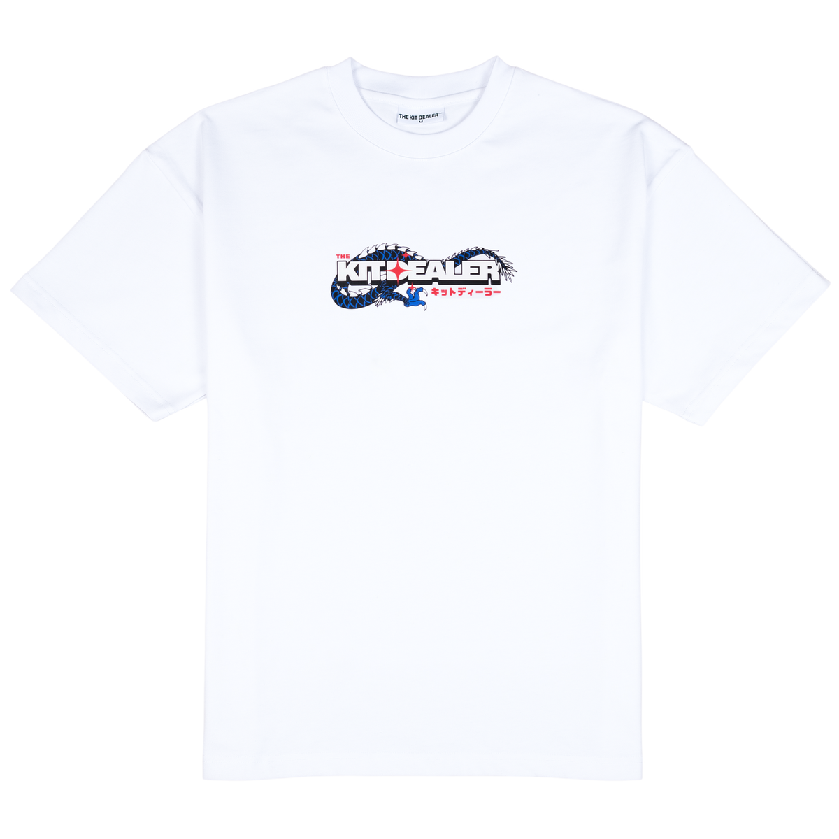 NAKATA TEE, front: white heavyweight cotton tee with a chest logo print in red, white and blue with a dragon and Japanese lettering