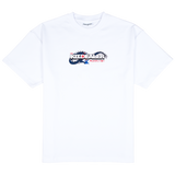 NAKATA TEE, front: white heavyweight cotton tee with a chest logo print in red, white and blue with a dragon and Japanese lettering