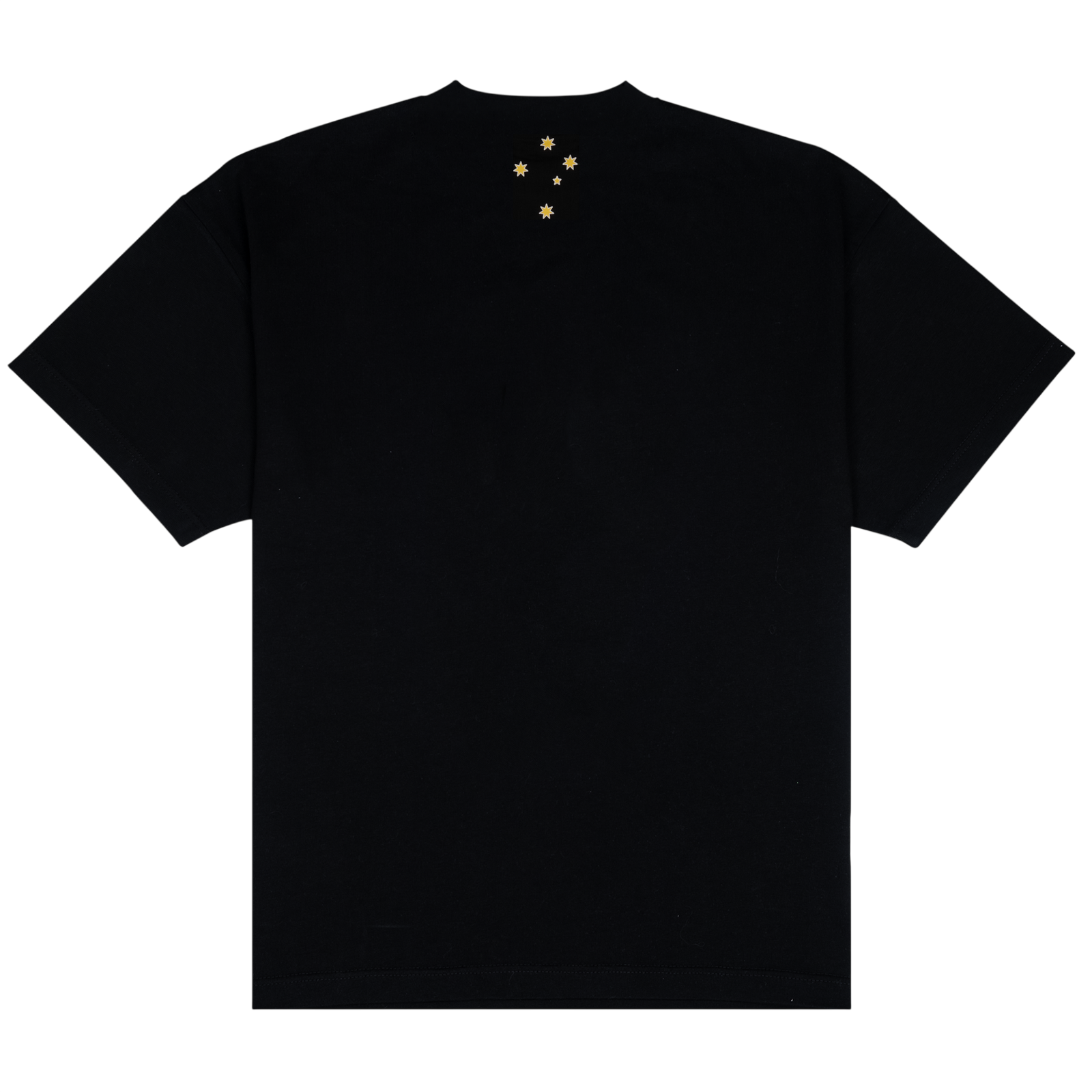 Ange Tee, back: plain black tee with the Southern Cross printed in gold below the collar
