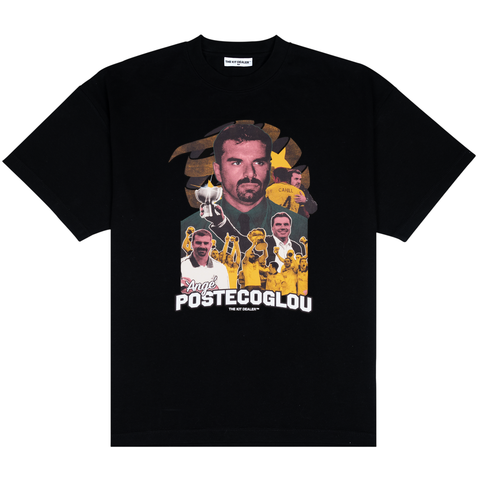 Ange Tee, front: black heavyweight cotton tee with a colour print of Ange Postecoglou holding a trophy, his name in white below