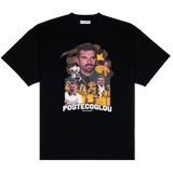 Ange Tee, front: black heavyweight cotton tee with a colour print of Ange Postecoglou holding a trophy, his name in white below