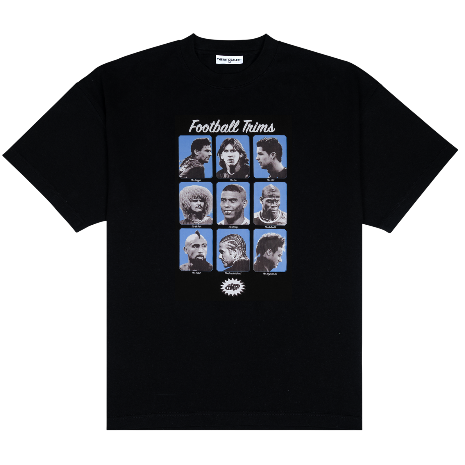 FOOTBALL TRIMS TEE, front: black heavyweight cotton tee with a nine-panel grid of footballer haircuts under a Football Trims script logo