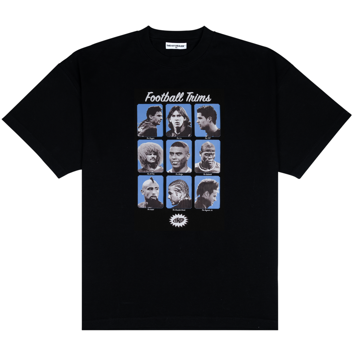 FOOTBALL TRIMS TEE, front: black heavyweight cotton tee with a nine-panel grid of footballer haircuts under a Football Trims script logo