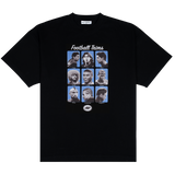 FOOTBALL TRIMS TEE, front: black heavyweight cotton tee with a nine-panel grid of footballer haircuts under a Football Trims script logo