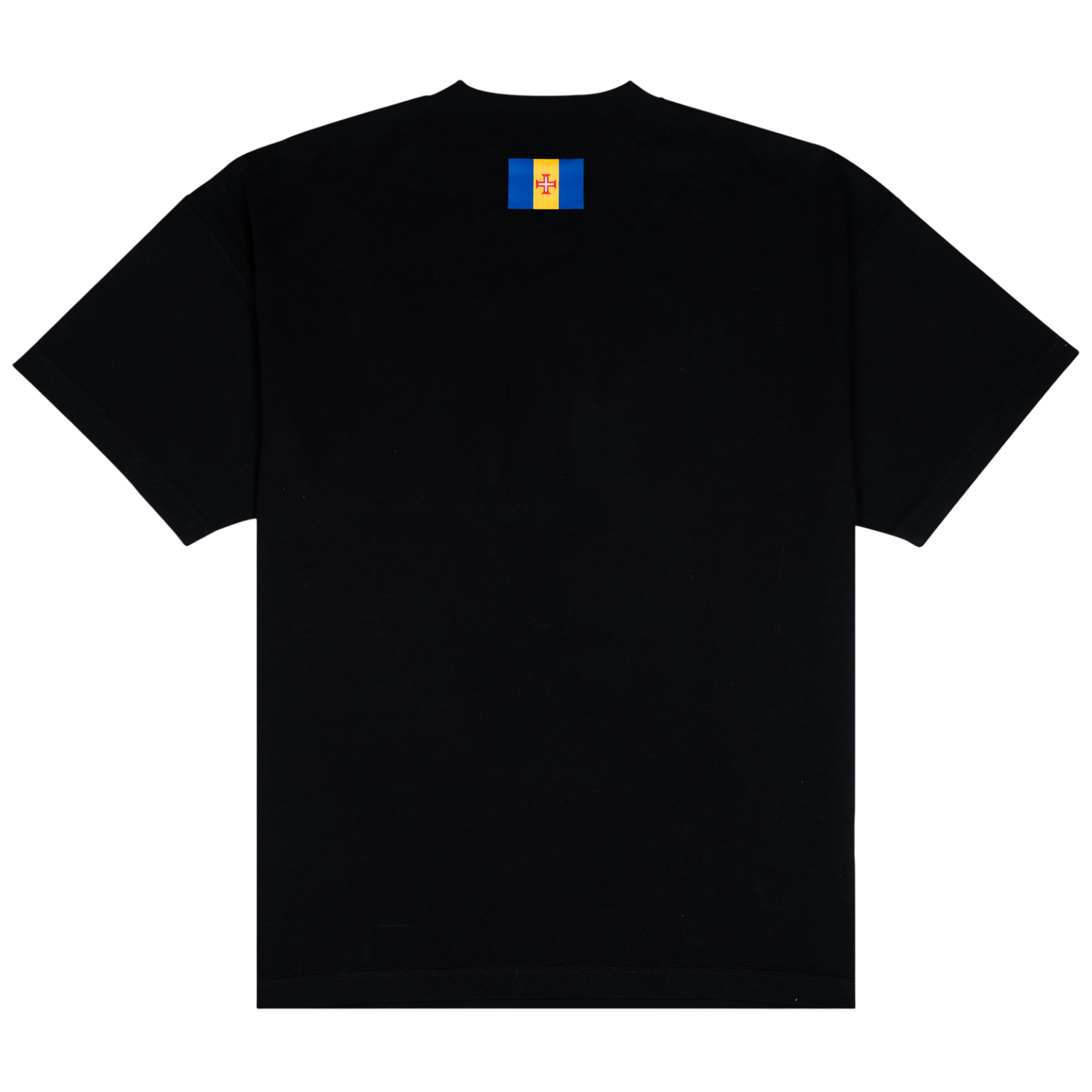 Funchal Tee, back: plain black tee with the Madeira flag printed below the collar