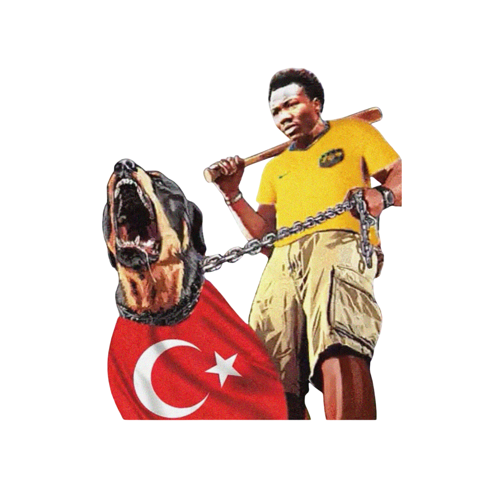 Leash Tee front graphic on its own: a man with a bat leading a Rottweiler draped in a Turkish flag