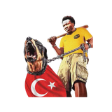 Leash Tee front graphic on its own: a man with a bat leading a Rottweiler draped in a Turkish flag