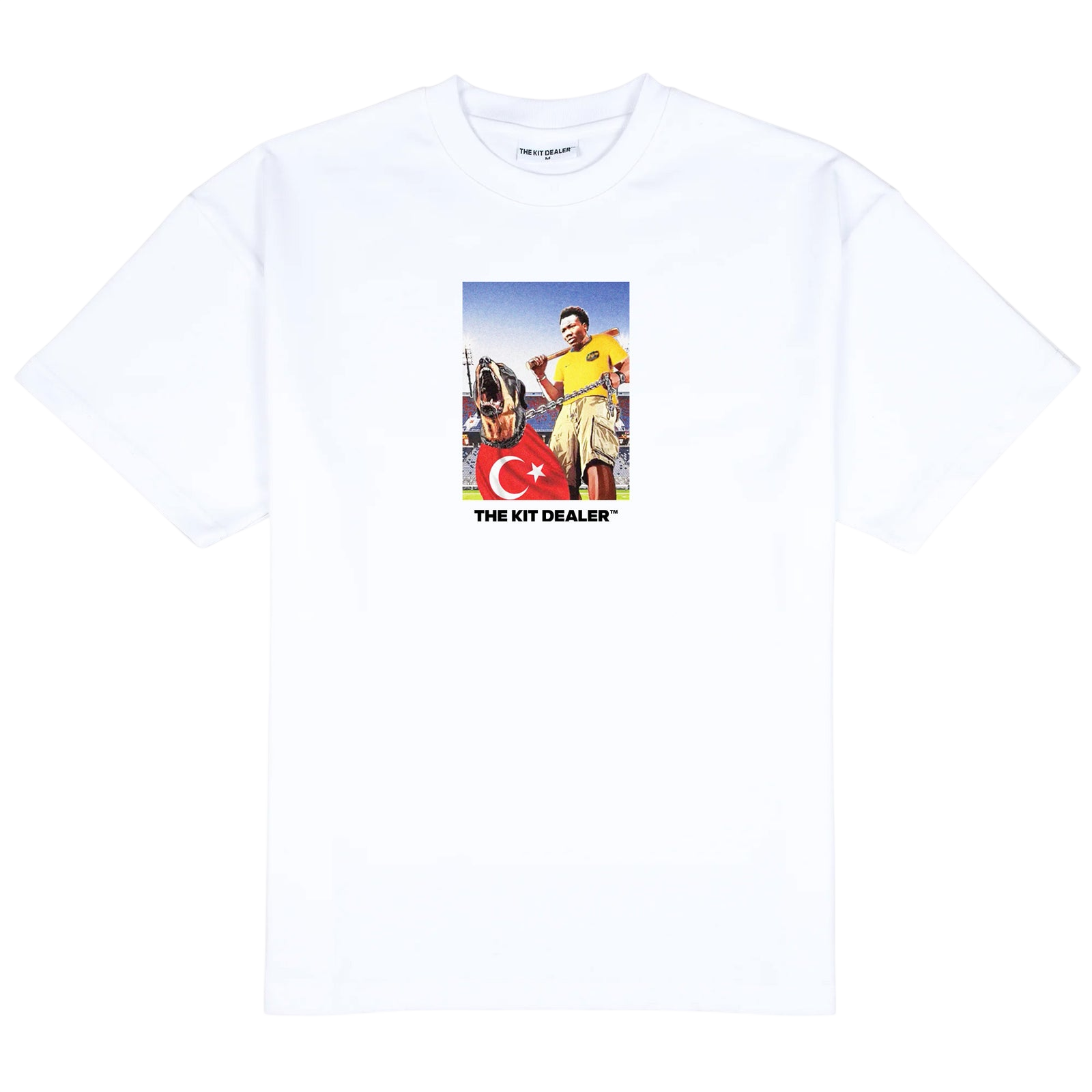 Leash Tee, front: white heavyweight cotton tee printed with a photo of a man holding a bat and leading a Rottweiler draped in a Turkish flag, THE KIT DEALER wordmark below