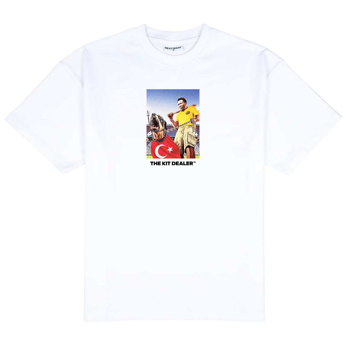 Leash Tee, front: white heavyweight cotton tee printed with a photo of a man holding a bat and leading a Rottweiler draped in a Turkish flag, THE KIT DEALER wordmark below