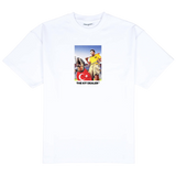 Leash Tee, front: white heavyweight cotton tee printed with a photo of a man holding a bat and leading a Rottweiler draped in a Turkish flag, THE KIT DEALER wordmark below